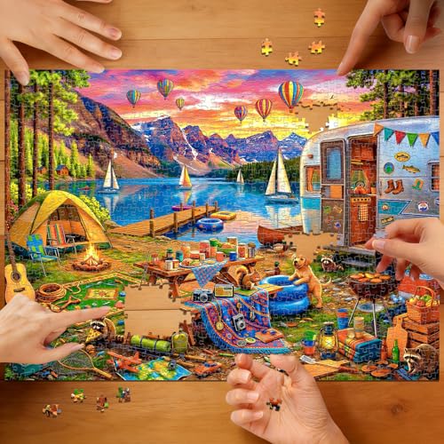 Lakeside Camping Day 1000 Piece Puzzles for Adults | Mountain Lake Camping Puzzles for Adults 1000 Pieces, Impossible Hard Fun Challenging Lakeside Camping Puzzles for Adults - color: Camping Day