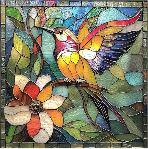 Qiuenisray Wooden Puzzles 1000 Pieces, Stained Glass Hummingbird Puzzle | Beautiful Wall Decor, Wood Jigsaw Puzzle, Unique Animal-shape Puzzles, Creative Gift for Family Friend 19.7x19.7 in - color: Flower Bird, size: 1000pcs