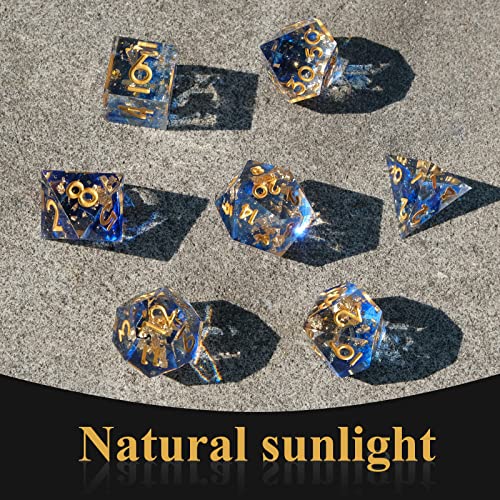 DND Dice Set Handmade 7 Accessories Sharp Edge Dice for Dungeons and Dragons TTRPG Games, Multi-Sided RPG Polyhedral Resin Sharp Edge Dice Roleplaying Games - color: Blue Gold 03