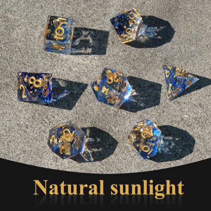 DND Dice Set Handmade 7 Accessories Sharp Edge Dice for Dungeons and Dragons TTRPG Games, Multi-Sided RPG Polyhedral Resin Sharp Edge Dice Roleplaying Games - color: Blue Gold 03