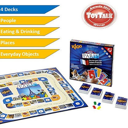 KLOO Learn French Board & Card Game Race to Paris | Fun for Family Kids Adults School | Play & Talk French Language | 4 Decks, Speak 100's of Words & Vocabulary in a Flash | Boardgame, 1–4 Players