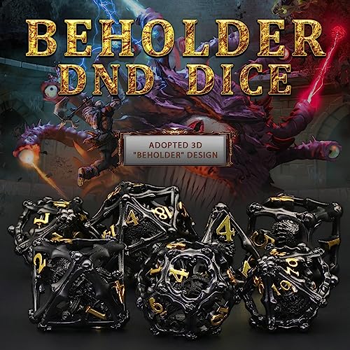 Beholder Dice Set DND, Dragon Eye Dice, ZHOORQI 7PC/Set Polyhedral Dices for Dungeons and Dragons, RPG, Eye Monster DND Gifts（Eye-Black Gold） - color: Eye- Balck Gold