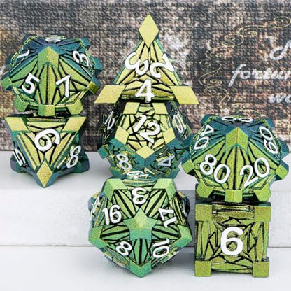 7PCS Metal DND Dice Set with Box, Debris RPG Green Yellow D and D Dice for use with D&D Tabletop Games Role Playing Game Polyhedral Dice Set D20 D12 D10 D8 D6 D4 - color: Green Yellow White