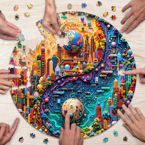 Cyberpunk Puzzles for Adults 1000 Pieces, Neon Sci-Fi Future Art, Aesthetic Nature Balance Game, Difficult Circular Puzzles with Letters on Back, 26.5 x 26.5in - color: Cyberpunk 1
