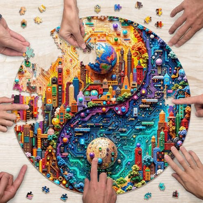 Cyberpunk Puzzles for Adults 1000 Pieces, Neon Sci-Fi Future Art, Aesthetic Nature Balance Game, Difficult Circular Puzzles with Letters on Back, 26.5 x 26.5in - color: Cyberpunk 1