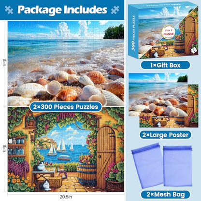 2 Pack 300 Pieces Puzzle for Adults,Beach Puzzle Vineyard Jigsaw Puzzles 300 Pieces for Adults Kids Seniors Recycled Cardboard Puzzles Challenging Game Home Decor Birthday Party Gift - style: Beach Vineyard