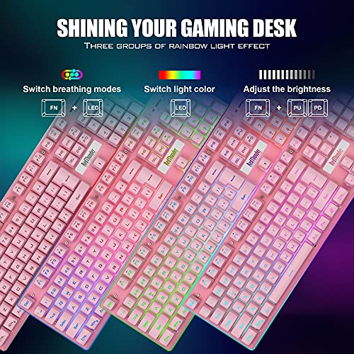 RedThunder K10 Wireless Gaming Keyboard and Mouse Combo, LED Backlit Rechargeable 3800mAh Battery, Mechanical Feel Anti-ghosting Keyboard + 7D 3200DPI Mice for PC Gamer (Pink) - color: Pink