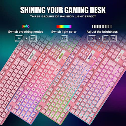 RedThunder K10 Wireless Gaming Keyboard and Mouse Combo, LED Backlit Rechargeable 3800mAh Battery, Mechanical Feel Anti-ghosting Keyboard + 7D 3200DPI Mice for PC Gamer (Pink) - color: Pink