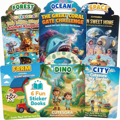 Reusable Jelly Sticker Books for Toddlers 2-4, Kids 3-6, 6 Sets | Farm, Dino, Space, Ocean, City & Forest. Reusable washable jelly stickers — travel activity gift for boys and girls ages 1-6 - style: Dinosaur/Space/City/Ocean/Forest/Farm