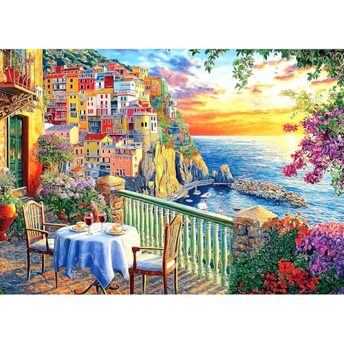 Italy Cinque Terre Jigsaw Puzzles for Adults 1000 Pieces Coastal Village Beautiful Landscape Scenery Sunset View with Letters on Back Hard Impossible Difficult challenging Family Puzzle (27.5"x19.6") - color: Italy Cinque Terre