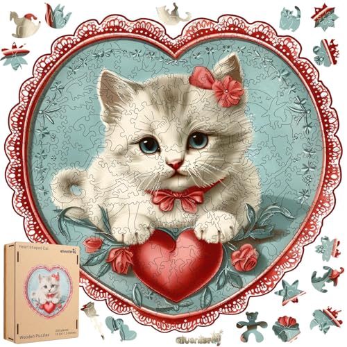 Qiuenisray Wooden Puzzle for Adult 200 Piece, Sweet Heart Cat Jigsaw Puzzle for Cat Lover, Beautiful Puzzle Decor, FSC Certified Unique Animal Shape Puzzle Pieces, Gift for Woman and Girl 11.1x11.2 in - color: 3d Heart Shaped Cat, size: 200pcs