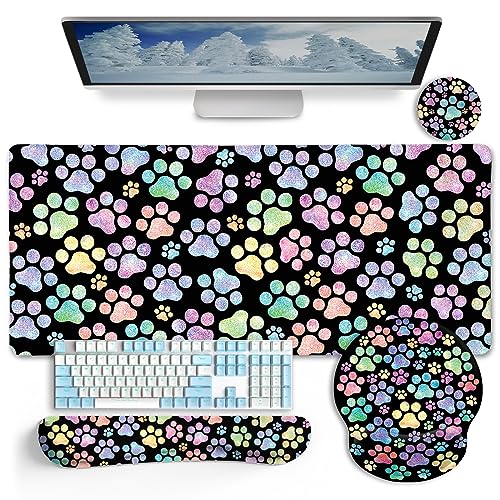LIMKRIAN Dog Paw Mouse Pad Set XXL Large Desk Mat Pad, Cute Office Decor | Ergonomic Mousepad Wrist Rest, Computer Keyboard Mat, Wrist Support, Coaster, Home Office Supplies Desk Decor Accessories - color: XXL-Paw Set