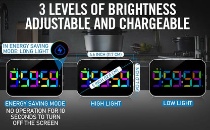 Kitchen Digital RGB Timer, Count Down Up, Rechargeable, Vibration Mode Adjustable Volume and Brightness LED Display, Time Management Cook, Desk, Kids Adults Study Teaching, Kitchen Gadgets - color: Rgb
