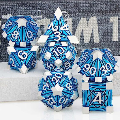 7PCS Metal DND Dice Set with Box, Debris RPG Blue D and D Dice for use with D&D Tabletop Games Role Playing Game Polyhedral Dice Set D20 D12 D10 D8 D6 D4 - color: Silver Blue