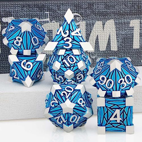 7PCS Metal DND Dice Set with Box, Debris RPG Blue D and D Dice for use with D&D Tabletop Games Role Playing Game Polyhedral Dice Set D20 D12 D10 D8 D6 D4 - color: Silver Blue