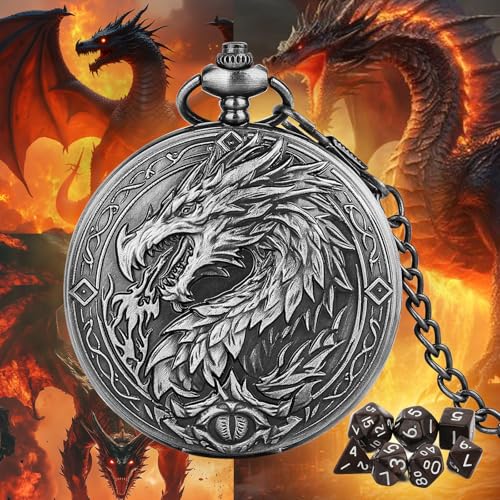 Mini DND Dice Set, 7-Piece Polyhedral Acrylic D&D Dice, with Steampunk Dragon Large Pocket Watch Case, DND Gift Bag with Dragon Logo, Role Play Board Game Accessories, Dark Silver + Brown - color: Silver + Brown