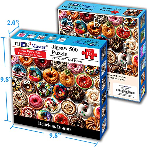 Think2Master Donuts 500 Pieces Jigsaw Puzzle with Very Large Pieces for Adults, Seniors & Families. Great Gift Ages 13+. Size: 26.8” x 18.9” - style: Delicious Donuts