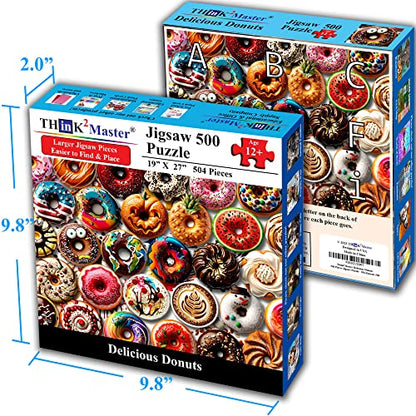 Think2Master Donuts 500 Pieces Jigsaw Puzzle with Very Large Pieces for Adults, Seniors & Families. Great Gift Ages 13+. Size: 26.8” x 18.9” - style: Delicious Donuts