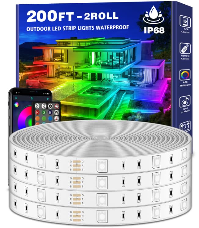 LETIANPAI 200ft Outdoor LED Strip Lights Waterproof, IP68 Outside Led Light Strips with App and Remote,Music Sync RGB Exterior Rope Self Adhesive Back for Deck,Balcony,Pool - size: 200FT Outdoor