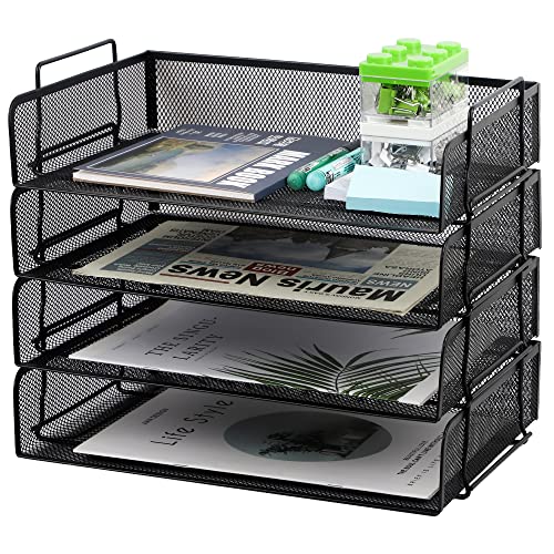 EASEPRES 4 Pack Stackable Desk Paper Tray, Metal Mesh Desktop Document Letter File Organizer for Office Home School, 13.5'' L x 9.75'' W x 11'' H, Black - color: 4 Pack Black