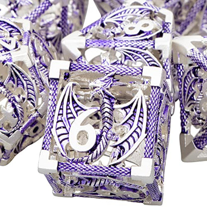 ARUOHHA Hollow DND Metal Dice Set Purple Dragons D and D Dice, RPG Role Playing Games Dungeons Polyhedral Dice with Gift Box D20 D12 D10 D8 D6 D4 - color: Silver Purple