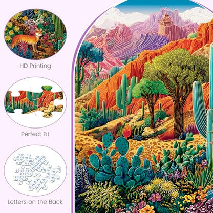 500 Piece Jigsaw Puzzles for Adults, Colorful Desert 500 Piece Puzzle, Vibrant Landscape with Cacti, Fox and Mountains Jigsaw Puzzles, Relaxing Gift for Adults, Seniors, 20.5 x 15 in - style: DESERT
