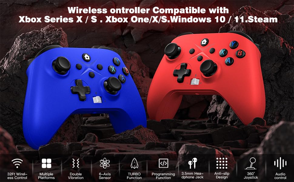 Dinosoo 2 Pack Wireless for Xbox One, Series X|S, & PC, with Turbo, Macro, Dual Vibration Hall Trigger, 3.5mm Audio Jack, Built-in Battery, with 2.4GHz Adapter - color: red and blue