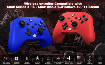 Dinosoo 2 Pack Wireless for Xbox One, Series X|S, & PC, with Turbo, Macro, Dual Vibration Hall Trigger, 3.5mm Audio Jack, Built-in Battery, with 2.4GHz Adapter - color: red and blue