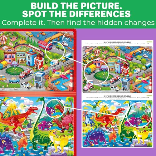 QUOKKA Magnetic Puzzles for Kids Ages 4-6 – 100 PCS Magnetic Puzzle Book for Toddlers 3-5 – 2 Puzzles & 2 Spot The Difference Maps – Search & Find Travel Games – Activity Book Dinos & City Cars - color: Dino 100pcs