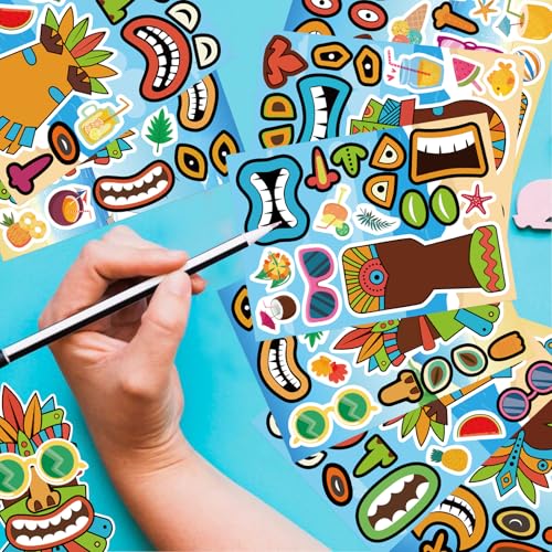 Summer Stickers, Make a Tiki Face Sticker, Tropical Hawaiian Stickers | 24 Sheets Make Your Own Tiki Sticker for Kids Summer Luau Party Favors Decoration - style: Tiki
