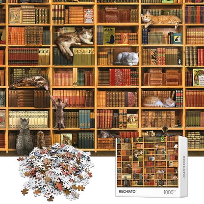 Cats Library Jigsaw Puzzle, 1000+ Piece Funny Kitten Bookshelf Puzzles, Challenging Animal Pet Lover Gifts for Friends & Family Activity Game Nights - color: Kitten Library