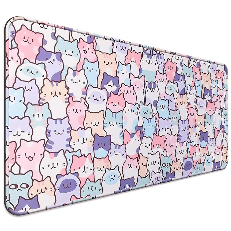 Cute Kawaii Cat Mouse Pad, Gaming Office Home Mousepad, Computer Keyboard and Laptop Desk Mat for Women, Large Extended Non-Slip Rubber Base with Stitched Edges, 31.5x15.7x0.12 in, Pink - color: Cat