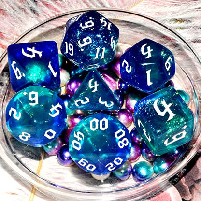 Galaxy Dice Set| Dark Blue Mix Cyan Crystal DND Dice Set for Board Game - color: Dark Blue Cyan