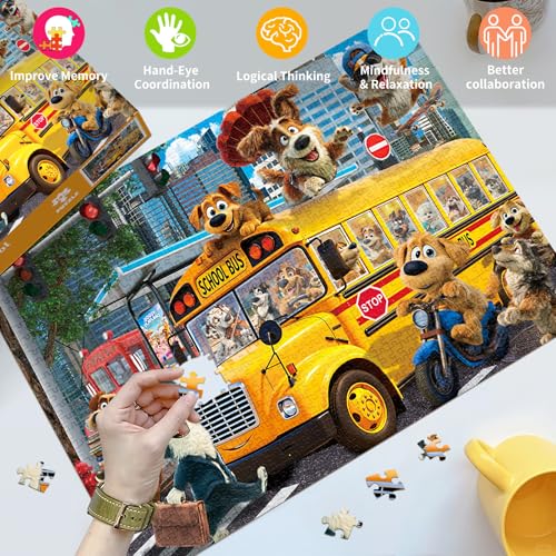 HUADADA 1000 Piece Puzzle for Adults, Cute Puppy School Bus Adventure | Eco matte oil print, eye strain relief, tight puzzle piece fit, vibrant colours - color: Cute Puppy School Bus Adventure