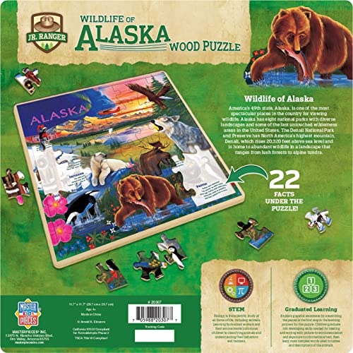 MasterPieces 48 Piece Fun Facts Jigsaw Puzzle for Kids - Jr Ranger Alaska Wildlife Wood Puzzle - 12"x12" - style: Alaska Wildlife