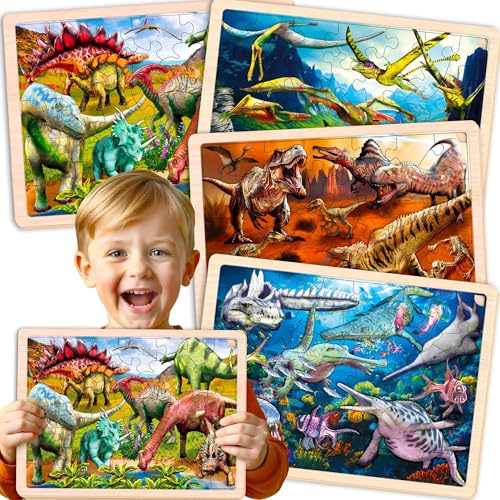 QUOKKA 4SET Puzzles for Kids Ages 4-6 - 36 Pcs Wooden Toddler Realistic Montessori Puzzles Ages 3-5 - Land, Sea, Desert, and Sky Dinosaurs Learning Games for Boys and Girls 4-8 Year Olds - color: Dino