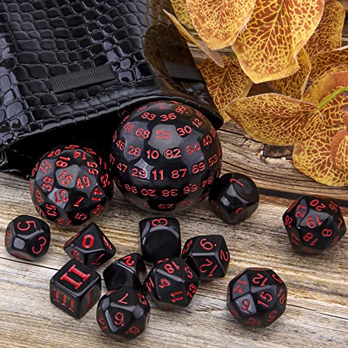 AUSTOR 15 Pieces Complete Polyhedral Dice Set D3-D100 Game Dice Set with a Leather Drawstring Storage Bag for Role Playing Table Games(Black & Red) - color: Black & Red