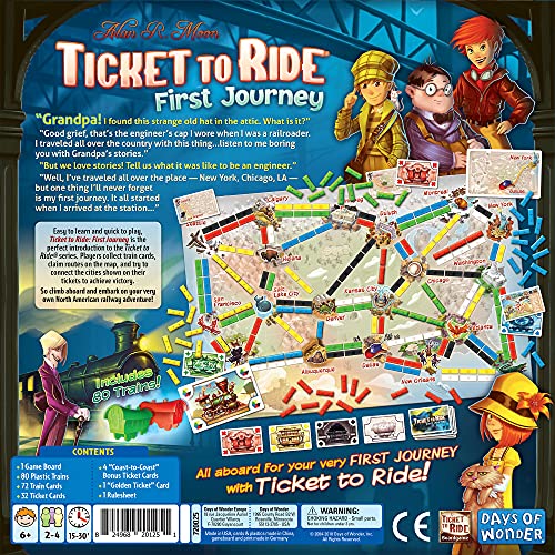 Ticket to Ride First Journey - Kids Train Board Game for Families, Strategy for Children, Board Games for Kids, Family Fun for Children & Families, 2-4 Players Ages 6+, 15-30 Min | For young players, connect cities on tickets, Simplified map suits small h
