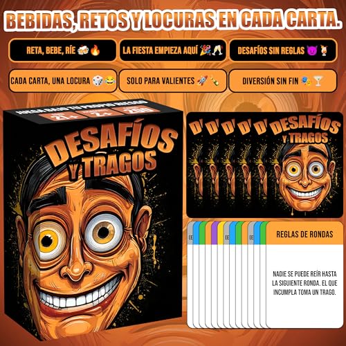 Desafíos y Tragos – Juego de cartas para adultos | Juegos de mesa en español con Alcohol | Drinking Game para Fiestas, Bachelorette, parejas, cumpleaños | Tragos y retos Latinos Divertidos