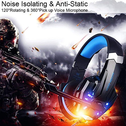 BlueFire Stereo Gaming Headset for PS4, PS5, PC, Xbox One, Noise Cancelling Over Ear Headphones with Mic, LED Light, Bass Surround, Soft Memory Earmuffs for Laptop Nintendo Switch Games (Blue) - color: Blue