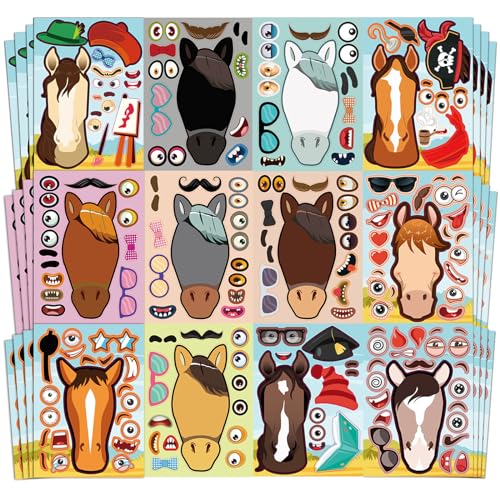 Aowplc 48 Pcs Make A Horse Sticker Sheets Mix and Match for Kids Horse Party Favors Supplies Birthday Gifts Activity Crafts - style: Horses