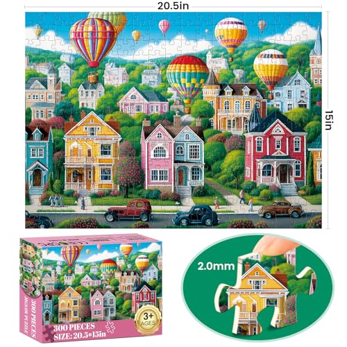 300 Piece Puzzles for Adults,Happy Town Puzzle for Adults Children Elderly,Colorful Hot Air Balloon Jigsaw Puzzle,Interlock Perfectly Letter on Back No Dust,Family Activity Game Nights Gift,20.5x15 in - color: Air Bar