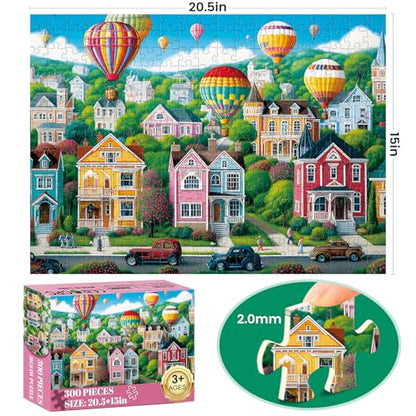 300 Piece Puzzles for Adults,Happy Town Puzzle for Adults Children Elderly,Colorful Hot Air Balloon Jigsaw Puzzle,Interlock Perfectly Letter on Back No Dust,Family Activity Game Nights Gift,20.5x15 in - color: Air Bar