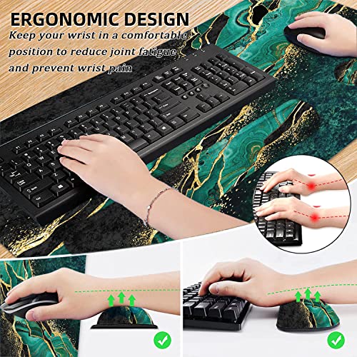 Large Mouse Pad with Wrist Rest, 4-in-1 Wrist Rest for Keyboard and Mouse | Non-Slip Waterproof Desk Mat Set, 35.4"x15.7" Desk Mat+Keyboard Wrist Rest+Mouse Wrist Support+Cup Coaster for Home Office - color: 4Pcs-Gold Green Marble