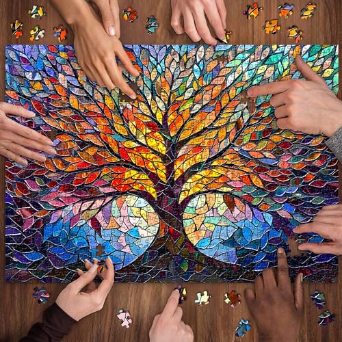 PICKFORU Stained Glass Puzzle Tree of Life Puzzles for Adults 1000 Pieces, Impossible Hard Difficult Challenging Puzzles for Adults, Colorful Mosaic Tree of Life Jigsaw Puzzle 1000 Pieces