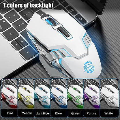 Bluetooth Wireless Gaming Mouse, RGB Rechargeable USB Wireless Mouse, Quiet Click, LED Backlit, Ergonomic, with Side Button, DPI Adjustable Computer Mice for Laptop PC MacBook Chromebook - White - color: white