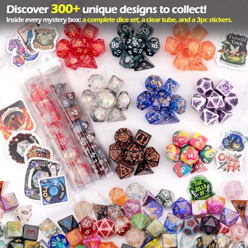 Haxtec Mystery DND Dice Set 7pcs Polyhedral Dice + 3 Funny Waterproof Stickers + Clear Tube Case, Mystery Dice for Dungeons & Dragons, Great DND Gift, No Duplicates in 2/5 Packs, Gift Box Included - style: Classic + Tube