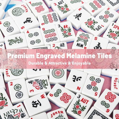 American Mahjong Tile Set with Pink Printed Carrying Bag, 166 Blue Tiles, 4 All-in-One Color Racks/Pushers, Mah Jongg Sets, Mahjong Game Set for Travel, Christmas, Birthday Gifts - color: Pink（blue Tiles）