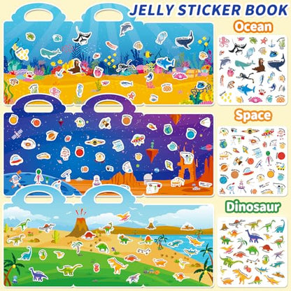 6 Sets Reusable Sticker Book for Toddlers 3-6, Jelly Stickers Book for Kids, Travel Sticker Activity Toys for Childs 3 4 5 6 Years Girls & Boys Best Gifts