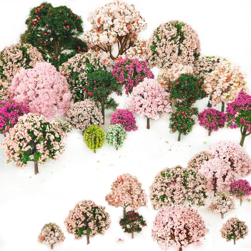 29pcs Mixed Model Trees, 1.5-4.8 inch(4-12 cm), OrgMemory Fruit Trees, Ho Scale Trees, Model Train Scenery, Architecture Trees, Flower Trees with No Bases - style: 29pcs flower trees